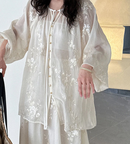 Apricot Shirt Embroidery Thin Skirt Two Pieces Suit New V-Neck Long Sleeve Women Fashion Tide Spring Summer 2025 1DJ1241