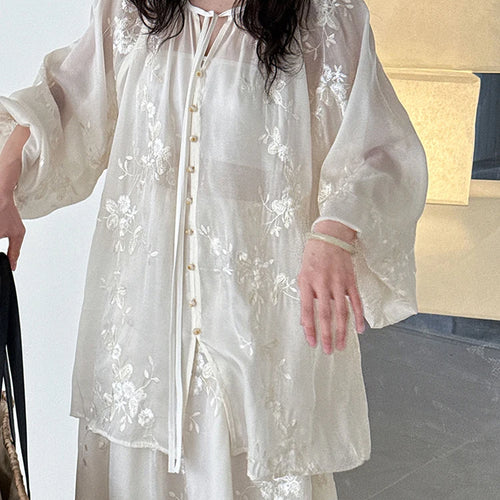 Load image into Gallery viewer, Apricot Shirt Embroidery Thin Skirt Two Pieces Suit New V-Neck Long Sleeve Women Fashion Tide Spring Summer 2025 1DJ1241

