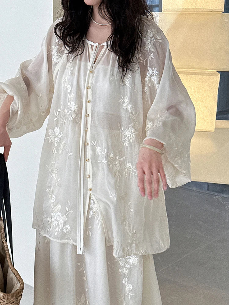 Apricot Shirt Embroidery Thin Skirt Two Pieces Suit New V-Neck Long Sleeve Women Fashion Tide Spring Summer 2025 1DJ1241