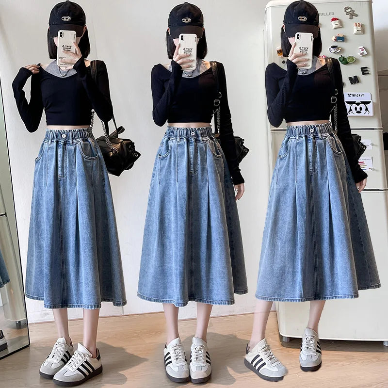 Vintage Women's Blue Elegant Plus Size Denim Jean Skirt Autumn And Winter High Waist Button Vacation Pleated Long Skirts Popular