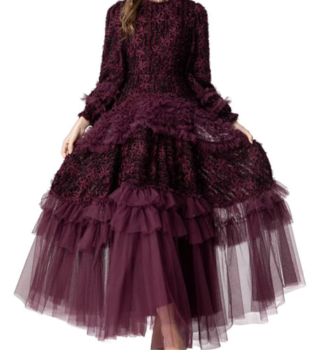 Spliced Fungus Folds Elegant Dresses for Women Round Neck Long Sleeves High Waist Patchwork Mesh Dress Female New