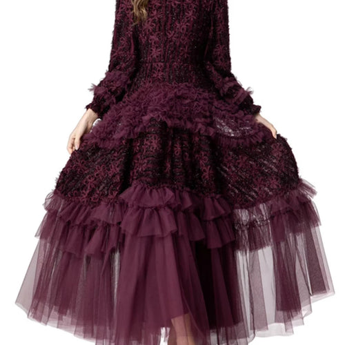 Load image into Gallery viewer, Spliced Fungus Folds Elegant Dresses for Women Round Neck Long Sleeves High Waist Patchwork Mesh Dress Female New
