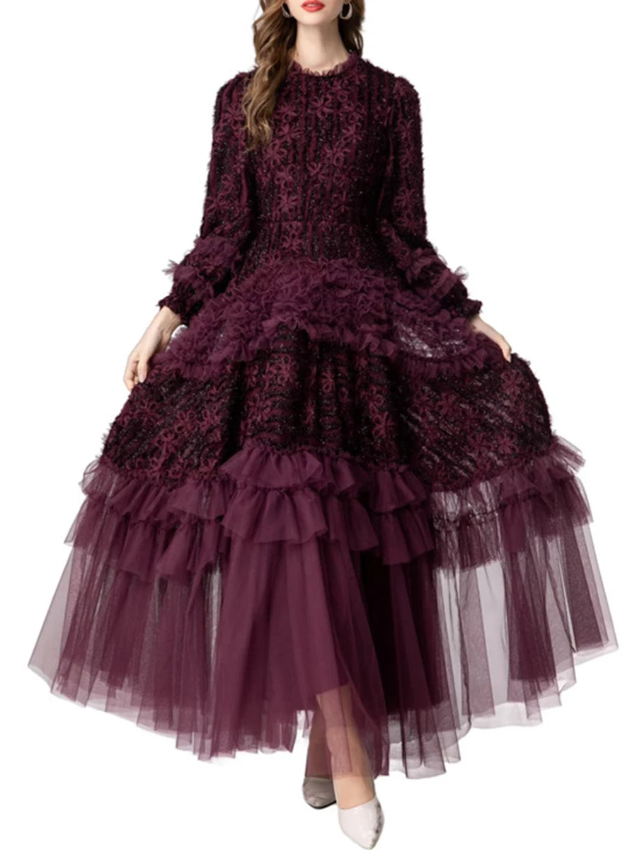 Spliced Fungus Folds Elegant Dresses for Women Round Neck Long Sleeves High Waist Patchwork Mesh Dress Female New