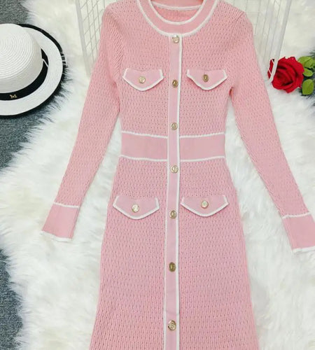 French Women Autumn Winter Patchwork Single Breasted Office Lady Sweater Dress Fashion Round Neck Festival Slim Knitting Dresses