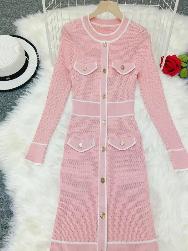French Women Autumn Winter Patchwork Single Breasted Office Lady Sweater Dress Fashion Round Neck Festival Slim Knitting Dresses