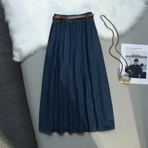 Load image into Gallery viewer, Korean Style High Waist Retro Belt Long Skirts For Women Fashion 2023 Summer Thin A-line Denim Skirt Women&#39;s Midi Elastic Skirt
