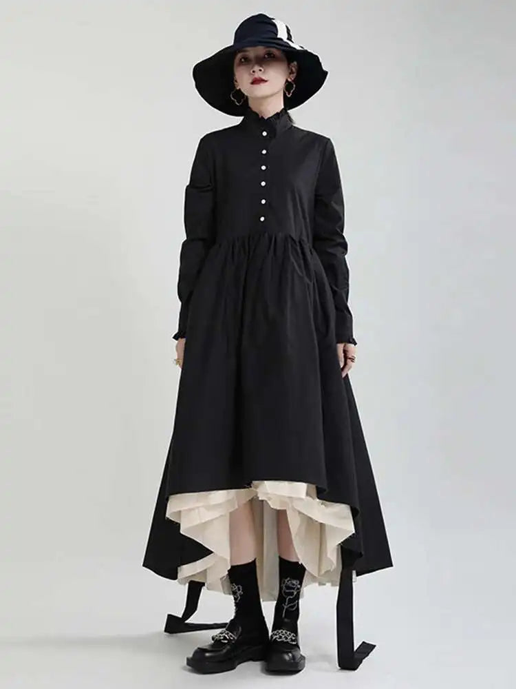 Women Black Layers Irregular Long Elegant Dress New Stand Collar Long Sleeve Fashion Tide Spring Autumn 2025 1DH9894