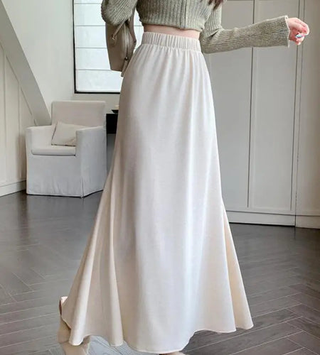 Autumn Winter Women's Black Elastic High Waist Fishtail Skirt Korean Version Beige Elegant Vacation Pleated A-line Long Skirts