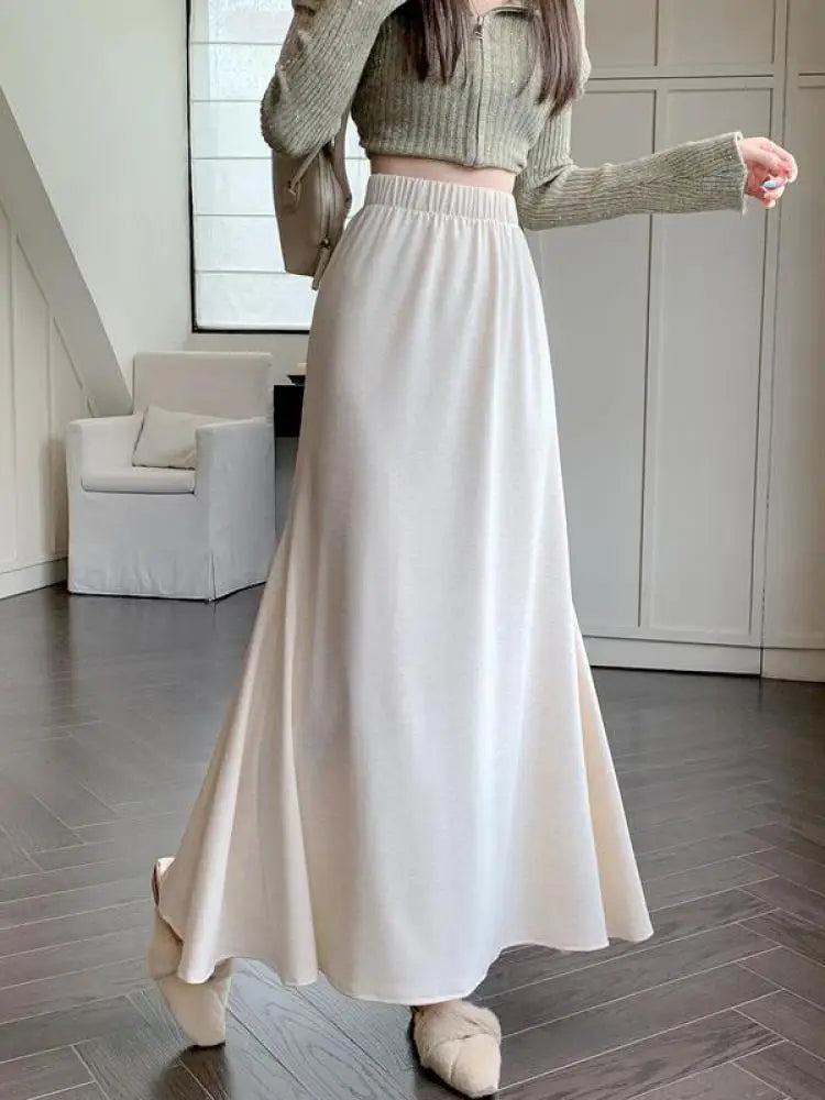 Autumn Winter Women's Black Elastic High Waist Fishtail Skirt Korean Version Beige Elegant Vacation Pleated A-line Long Skirts