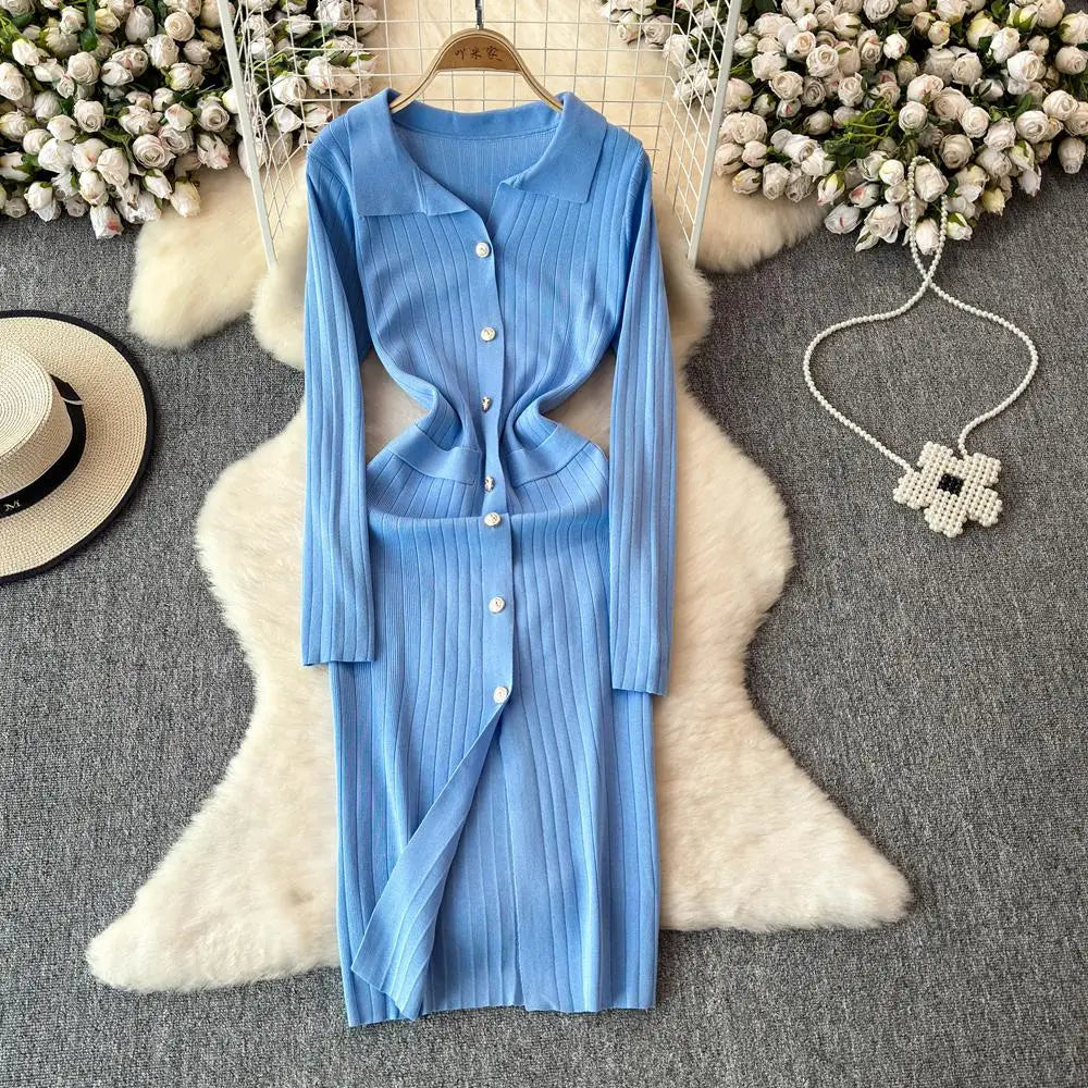Autumn 2024 New Women's Solid Single Breasted Knitted Long Dress French Elegant Office Lady Long Sleeve Dress Simplicity Popular