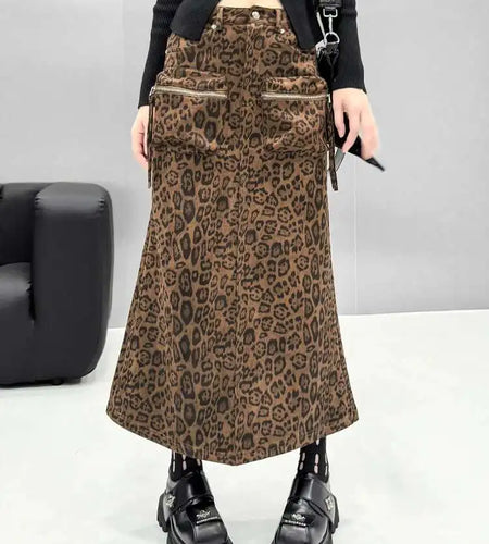 High Waist Leopard Print Pocket Shaped Long Straight Half-body Skirt Women Fashion Tide New Spring Autumn 2025 1DH8336