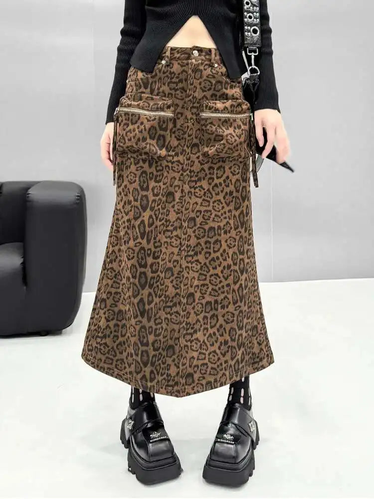 High Waist Leopard Print Pocket Shaped Long Straight Half-body Skirt Women Fashion Tide New Spring Autumn 2025 1DH8336