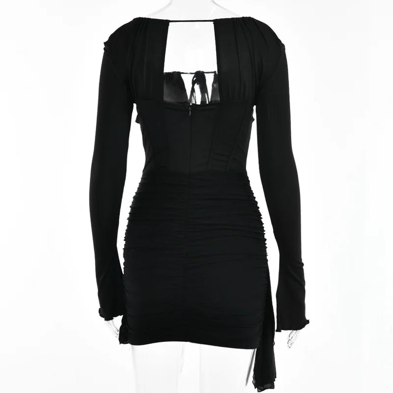 Hollow Out Spaghetti Strap Dresses Women Sexy High Waist Long Sleeve Party Outfits Solid Backless Black Fishbone Dress
