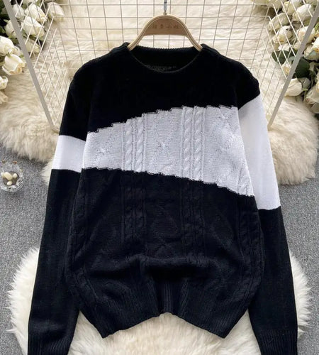 French Women's Autumn Winter Black White Patchwork Pullover Round Neck Slim Knitted Top Casual Elegant Pink Twists Sweater Trend