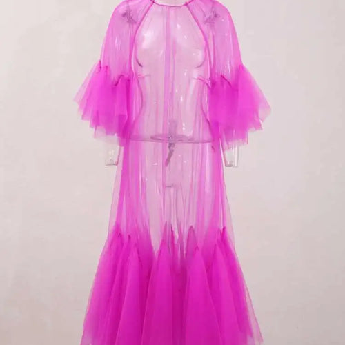 Load image into Gallery viewer, Women Purple Ruffles Mesh Perspective Big Size Long Dress New Round Neck Half Sleeve Fashion Spring Summer 2025 JR7711
