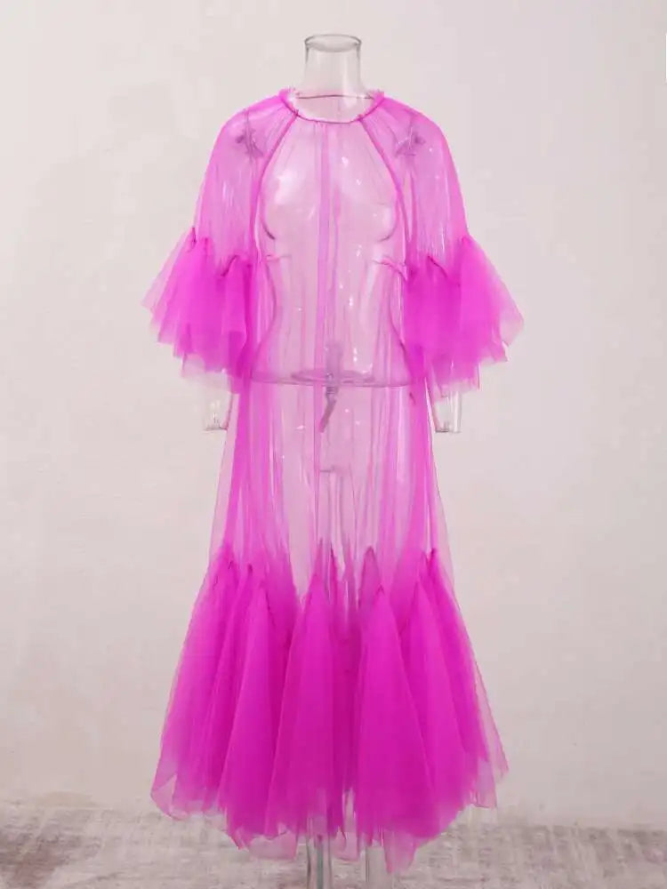 Women Purple Ruffles Mesh Perspective Big Size Long Dress New Round Neck Half Sleeve Fashion Spring Summer 2025 JR7711
