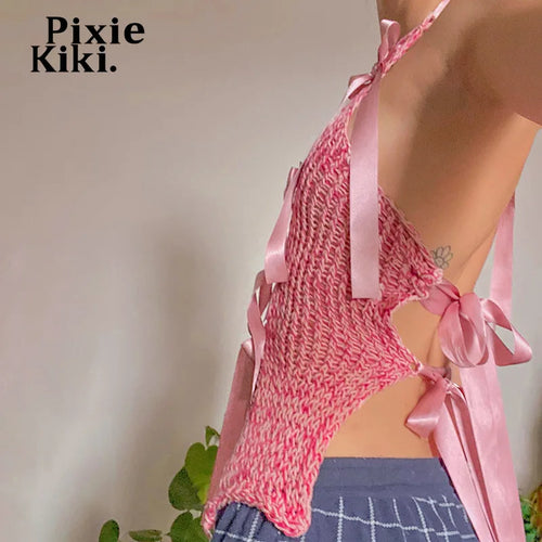 Load image into Gallery viewer, Pink Hollow Sleeveless Backless Bows Tank Top Festival Outfit Y2k Cute Summer Tops Women Coquette Accessories P85-EC15
