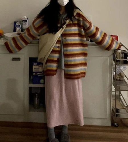 Vintage Striped Cardigan Korean Chic Y2k Aesthetic Sweater Coat 2025 Autumn New Harajuku Kardigany Jumper Pull  Femme