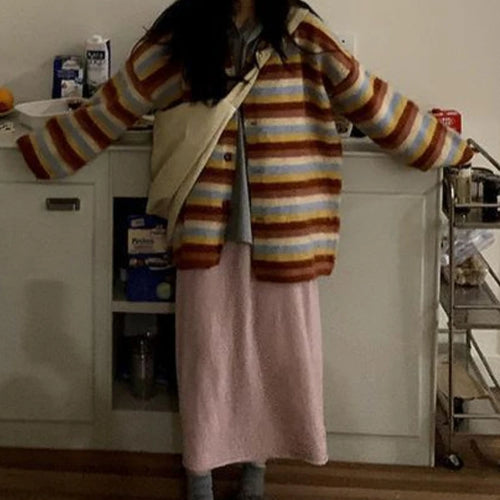 Load image into Gallery viewer, Vintage Striped Cardigan Korean Chic Y2k Aesthetic Sweater Coat 2025 Autumn New Harajuku Kardigany Jumper Pull  Femme
