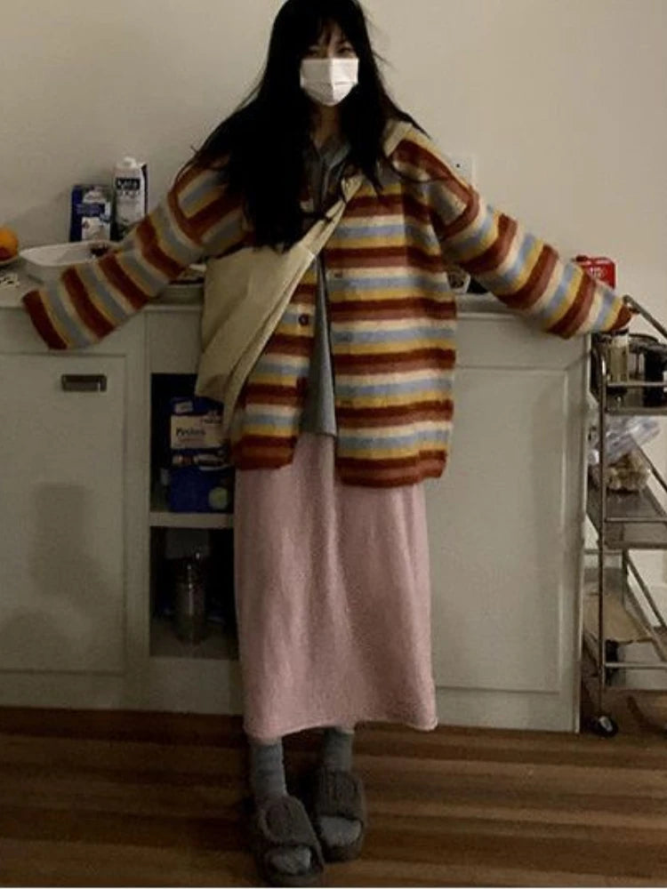 Vintage Striped Cardigan Korean Chic Y2k Aesthetic Sweater Coat 2025 Autumn New Harajuku Kardigany Jumper Pull  Femme