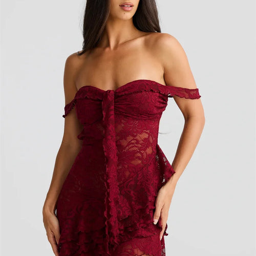 Load image into Gallery viewer, Lace Ruffle Sexy Maxi Dress Women Fashion Summer Off-shoulder Strapless Sleeveless Backless Beach Holiday Club Dress
