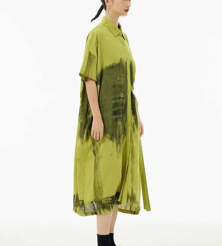 Women Green Pattern Printed Belted Big Size Shirt Dress New Lapel Short Sleeve Fashion Tide Spring Summer 2025  1DH5759