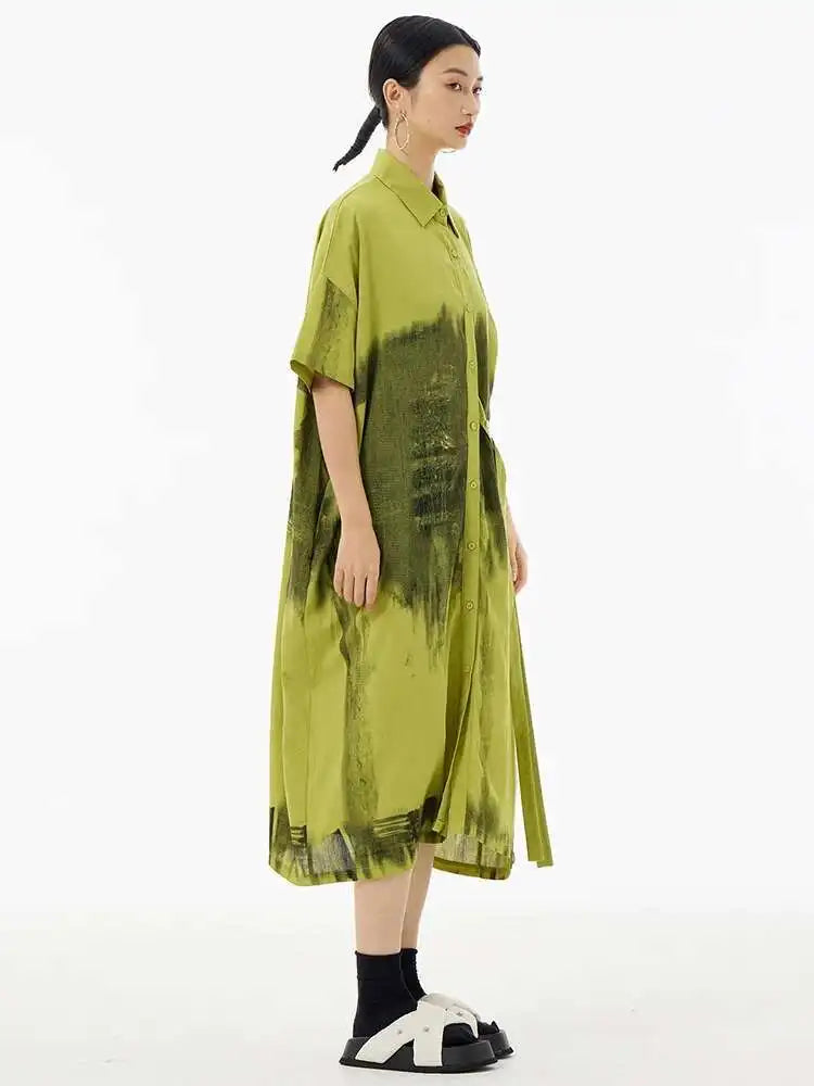 Women Green Pattern Printed Belted Big Size Shirt Dress New Lapel Short Sleeve Fashion Tide Spring Summer 2025  1DH5759