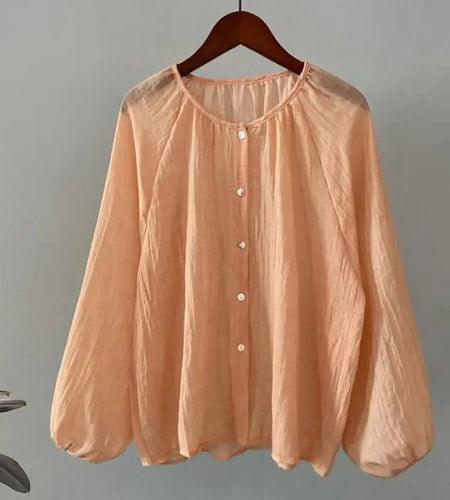 Retro Round Neck Blouse Women Spring Summer Solid Pleated Shirt Fashion Holiday Long Sleeve Top 2024 Casual Loose Sun Protection