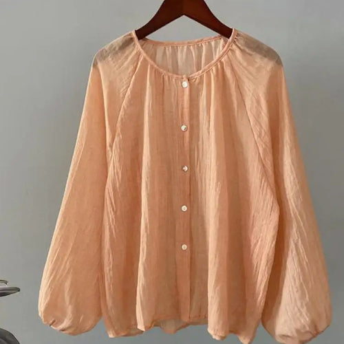 Load image into Gallery viewer, Retro Round Neck Blouse Women Spring Summer Solid Pleated Shirt Fashion Holiday Long Sleeve Top 2024 Casual Loose Sun Protection
