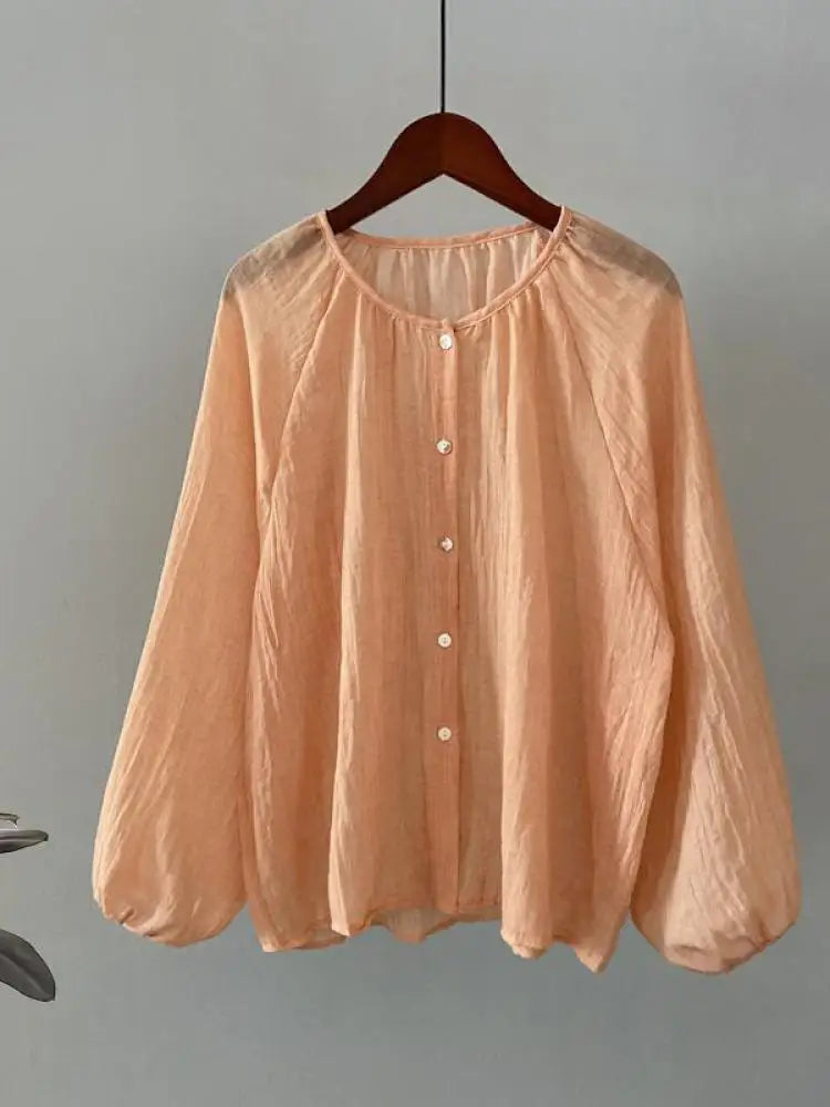 Retro Round Neck Blouse Women Spring Summer Solid Pleated Shirt Fashion Holiday Long Sleeve Top 2024 Casual Loose Sun Protection