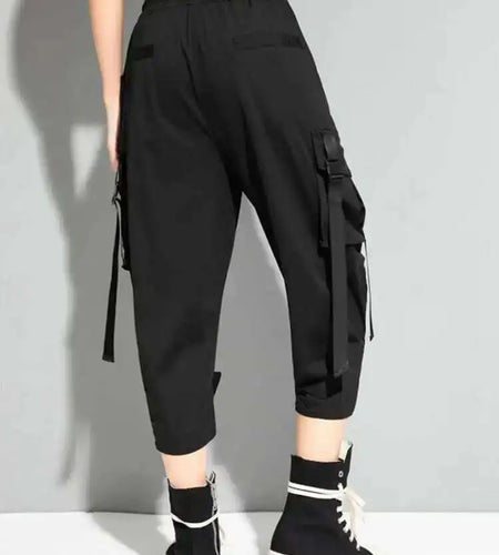 High Elastic Waist Black Bandage Pockets Casual Pants New Loose Fit Trousers Women Fashion Tide Spring Autumn 2025 1DF4764