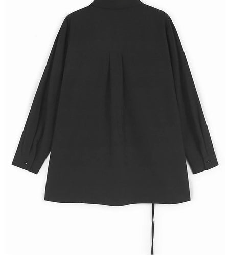 Women Black Ribbons Irregular Big Size Elegant Blouse New Lapel Long Sleeve Shirt Fashion Tide Spring Autumn 2025 1DH9664