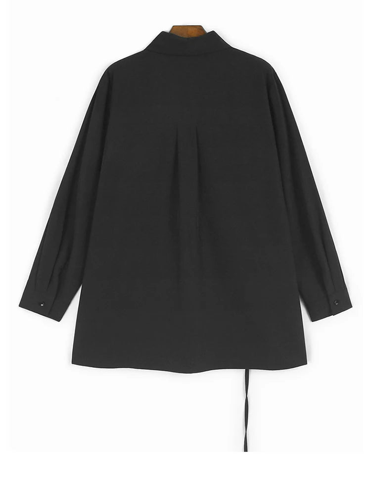 Women Black Ribbons Irregular Big Size Elegant Blouse New Lapel Long Sleeve Shirt Fashion Tide Spring Autumn 2025 1DH9664