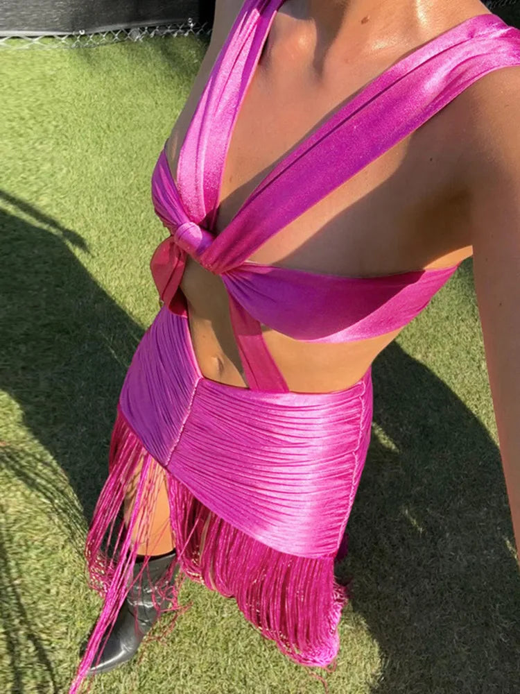 Sexy Sleeveless Hollow Out Women's Dress Bodycon Lace Up Long Tassel Party Club Evening Dress Tight Nightclub Vestidos