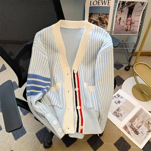 Load image into Gallery viewer, Pink Striped Single Breasted Cotton Sweater Women 2024 Autumn Winter New Blue Patchwork V-neck Knit Cardigan Tops Versatile Chic
