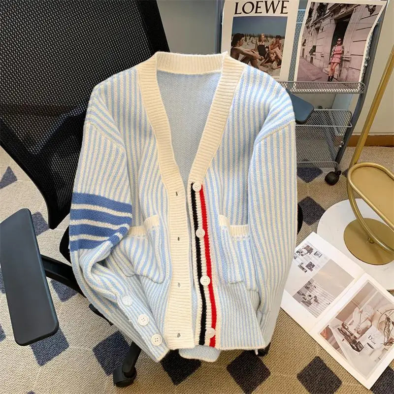 Pink Striped Single Breasted Cotton Sweater Women 2024 Autumn Winter New Blue Patchwork V-neck Knit Cardigan Tops Versatile Chic