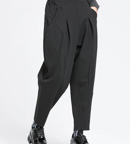 High Elastic Waist Black Long Split Joint Harem Trousers New Loose Fit Pants Women Fashion Tide Spring Autumn 2025 1Y766