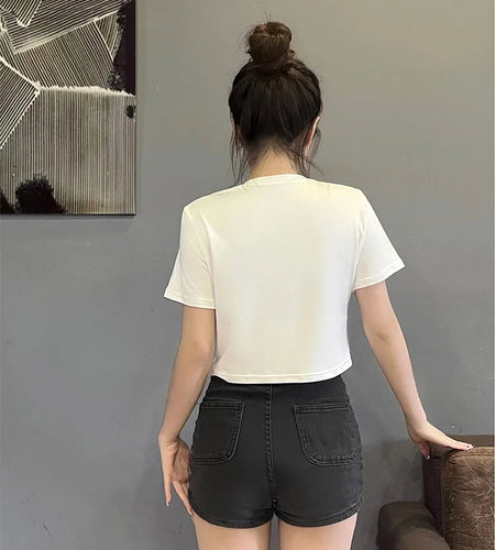 Y2K Summer Cocktail Martini Short Straight Shoulder Slim Fashion T-Shirt