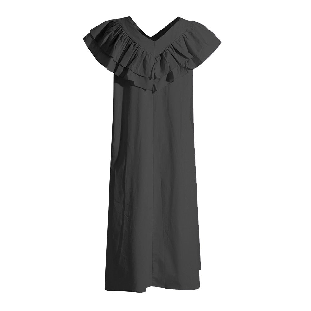 Patchwork Ruffles Dresses For Women V Neck Short Sleeve High Waist Casual Loose Elegant Dress Female Fashion