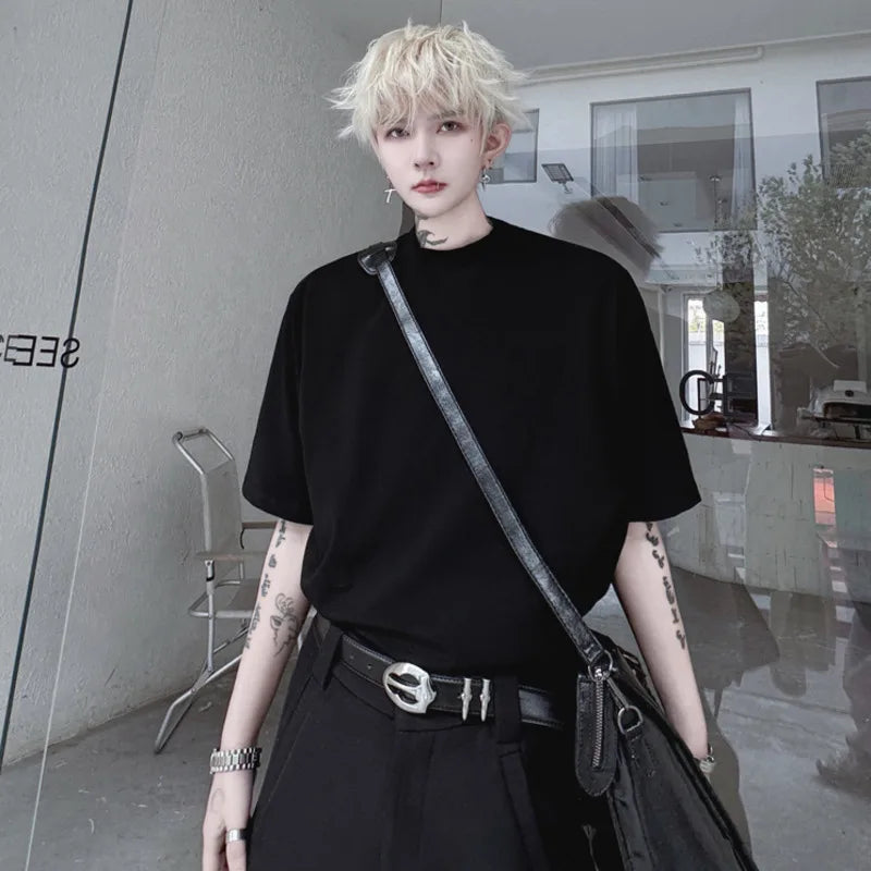 Men's Short Sleeve T-shirts New Summer Loose Double Neck Design Casual Menwear Korean Solid Color Fashion Top 9W1505