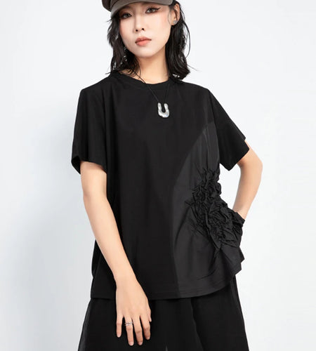 Women Black Pleated Irregular Big Size Casual T-shirt New Round Neck Short Sleeve Fashion Tide Spring Summer 2025 1DJ1030