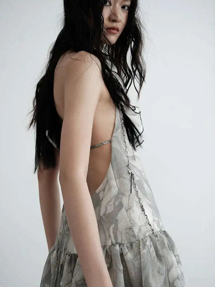 Women Gray Ruffled Backless Elegant Long Strapless Dress New Halter Sleeveless Fashion Tide Spring Autumn 2025 1DJ0014