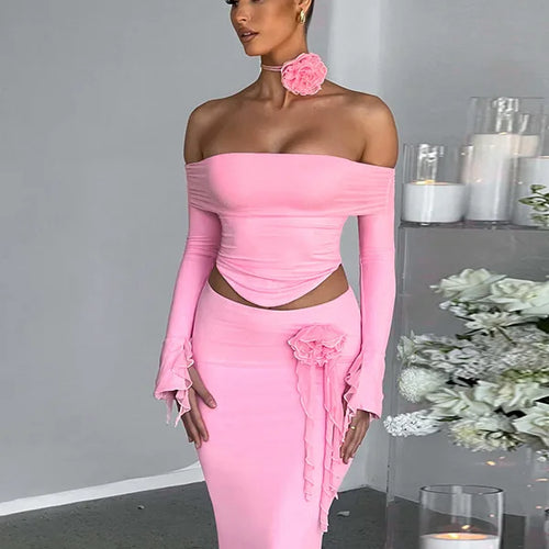 Load image into Gallery viewer, Winter New Sexy Long Sleeved Half Skirt Set For Woman 3D Flower Slim Tight Long Skirt Party Evening Dress Two Piece Set
