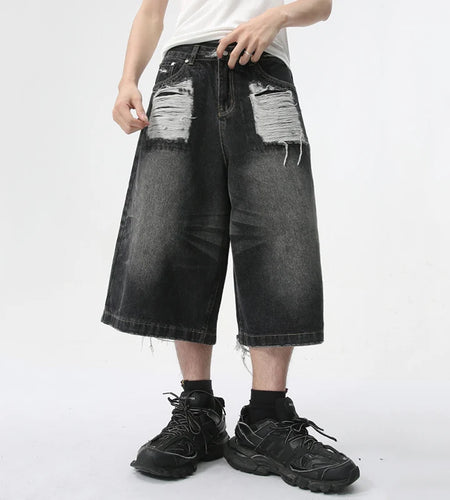 High Street Men's Washed Jeans Summer New Fashion Cat Whiskers Design Male Denim Shorts Calf-Length Pants Straight 9C5982
