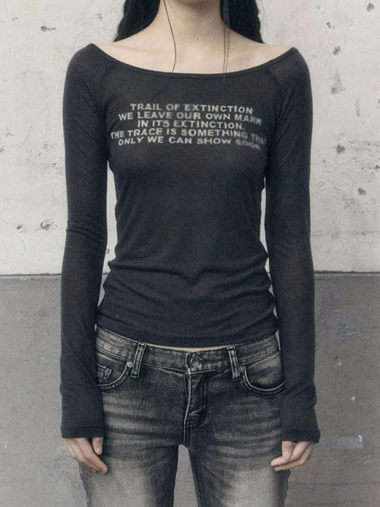 Y2k Aesthetic Vintage Letter Print Tshirts Women Harajuku Gothic Punk Basic T-shirt 2025 Streetwear Slim Bottoming Tees Femme