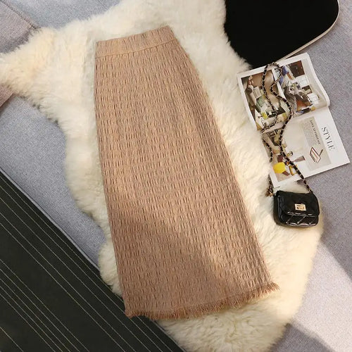 Load image into Gallery viewer, Women Solid Straight Slim Knitted Midi Skirt 2023 Autumn Winter Vintage Elegant Elastic High Waist Tassel Wrap Hip Skirts Female
