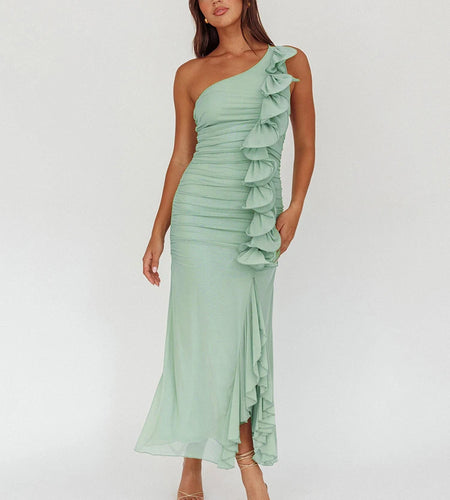One Shoulder Draped Ruffle Maxi Dress Women Gown Fashion Diagonal Collar Backless Sleeveless Split Long Dress Elegant