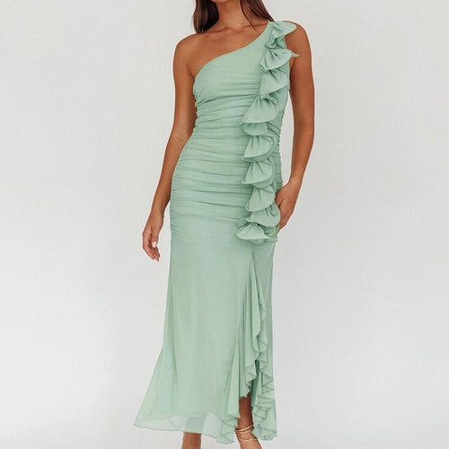 Load image into Gallery viewer, One Shoulder Draped Ruffle Maxi Dress Women Gown Fashion Diagonal Collar Backless Sleeveless Split Long Dress Elegant
