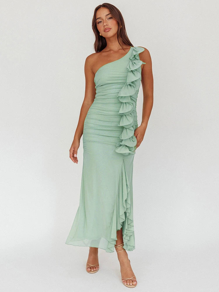 One Shoulder Draped Ruffle Maxi Dress Women Gown Fashion Diagonal Collar Backless Sleeveless Split Long Dress Elegant