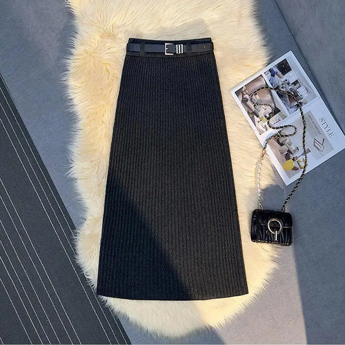 Load image into Gallery viewer, Women's Solid Elegant Office Lady Knitted Long Skirt Retro High Waist Party Wrap Hip Pleated Skirt 2024 Autumn Winter Simplicity
